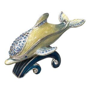 Wave Riding Dolphin Enamel Rhinestone Trinket Ring Box Blue Crystal Accents READ